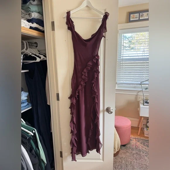 House of CB Ariela Mulberry Red Purple Ruffle Side Slit Maxi Dress